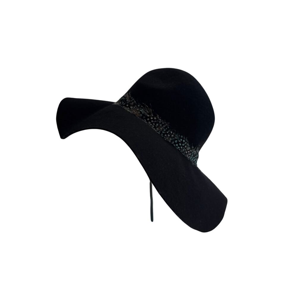 American Eagle Black 100% Wool Floppy Wide Brim Hat Spotted Feather Band OS